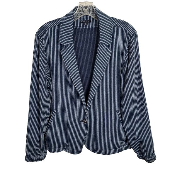 J Crew Mercantile Womens Size M Jacket Blazer Cotton Pockets Casual Striped Blue - Picture 2 of 8